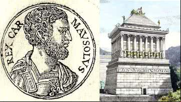 O rei Mausolus e ilustração representando o Mausoléu de Halicarnasso - Wikimedia Commons/Guillaume Rouille/Ferdinand Knab