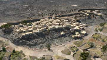 Reconstrução virtual em 3D do assentamento da Idade do Bronze descoberto na Arábia Saudita - Divulgação/Guillaume Charloux