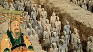 Fotografia do Exército de Terracota e retrato de Qin Shi Huang - Getty Images / Domínio Público via Wikimedia Commons
