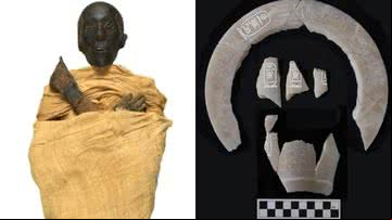Registro da múmia (à esqu.) e fotos da descoberta do túmulo (à dir.) - Museu Nacional da Civilização Egípcia