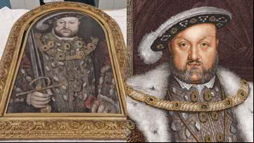 O retrato encontrado (à esqu.) e pintura do rei (à dir.) - Warwickshire County Council e Getty Images