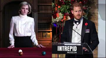 Kristen Stewart como Princesa Diana (Esquerda) e Príncipe Harry em cerimônia (Direita) - Divulgação / Galeria Distribuidora (Esquerda) e Getty Images (Direita)