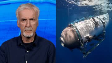 Cameron durante entrevista e foto do submersível Titan - Reprodução/Vídeo e Divulgação OceanGate